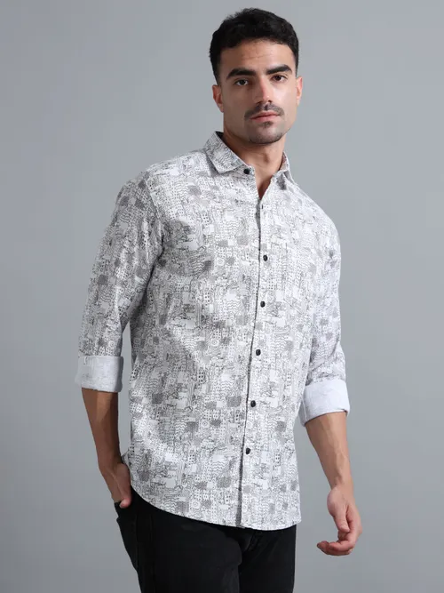 White Cotton With Black Printed Shirt